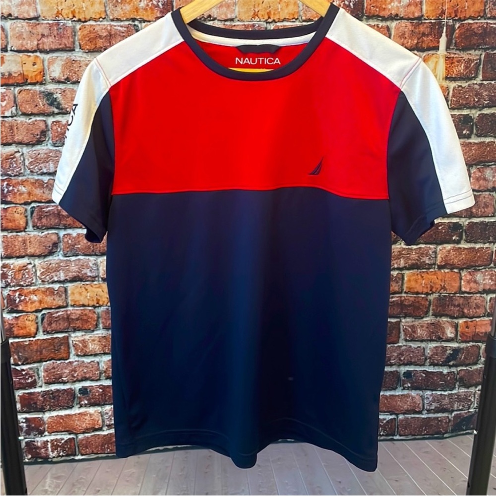 🔥 Nautica men slim fit small teeshirt red white blue yacht sailing preppy
